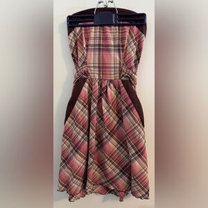 Plaid Pink and Brown Strapless Dress with accent gold threading - Size Small